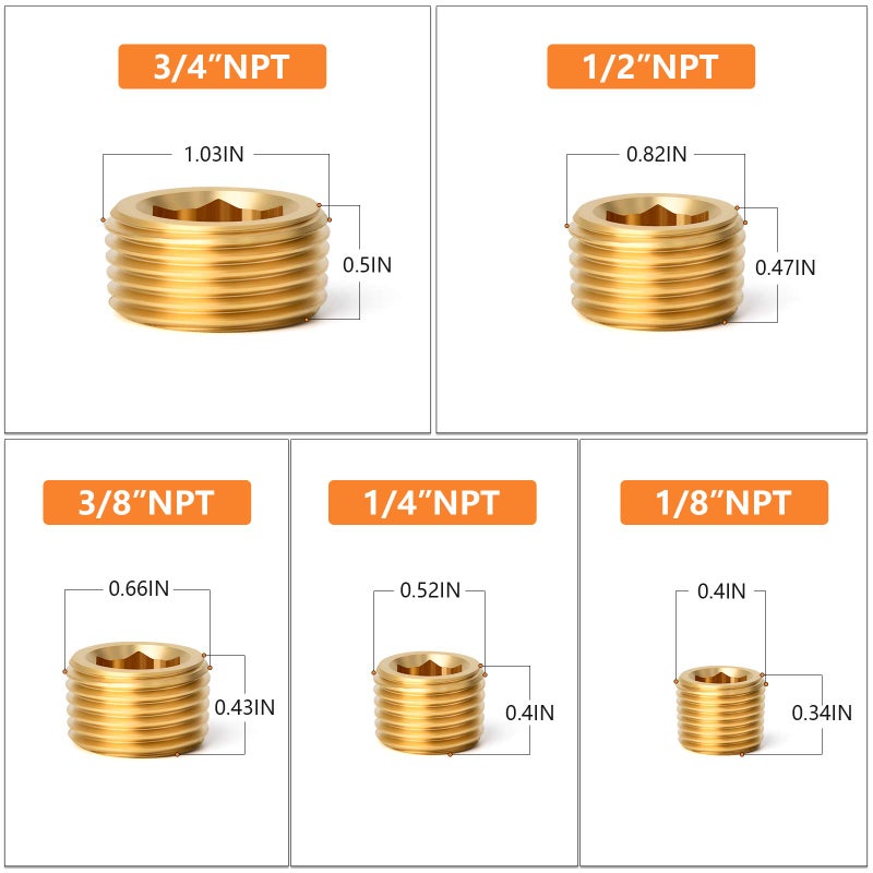 GASHER 25Pcs Brass Pipe Fitting,1/8" 1/4" 3/8" 1/2" 3/4" NPT Brass Internal Hex Thread Socket Pipe Plug Set - Image 4